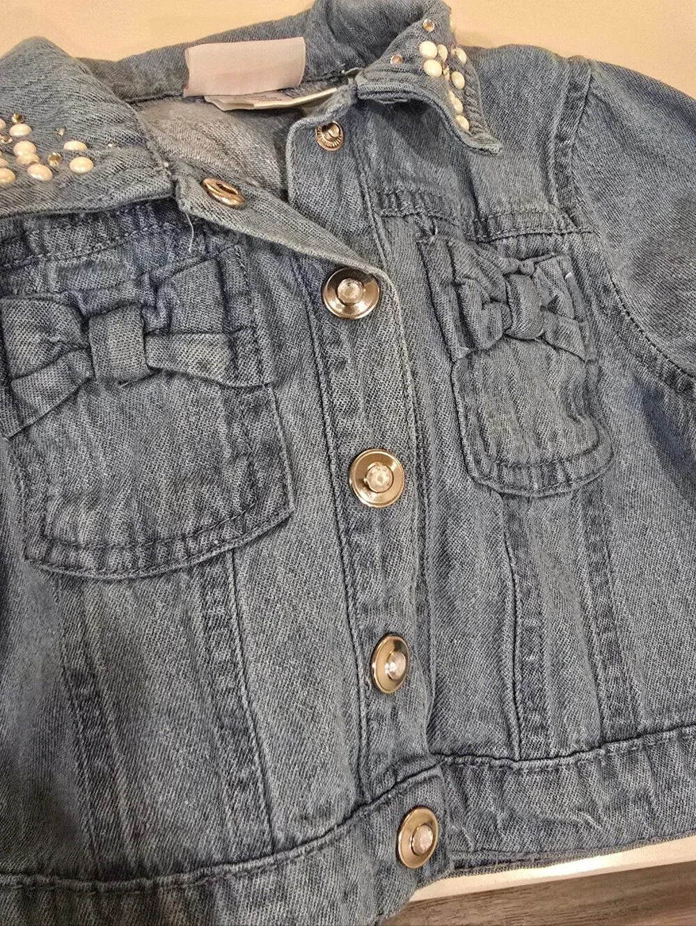 Little Lass Girls Denim Jacket Size 4 Rhinestone Pearl Embroidered Bow Jean Jack